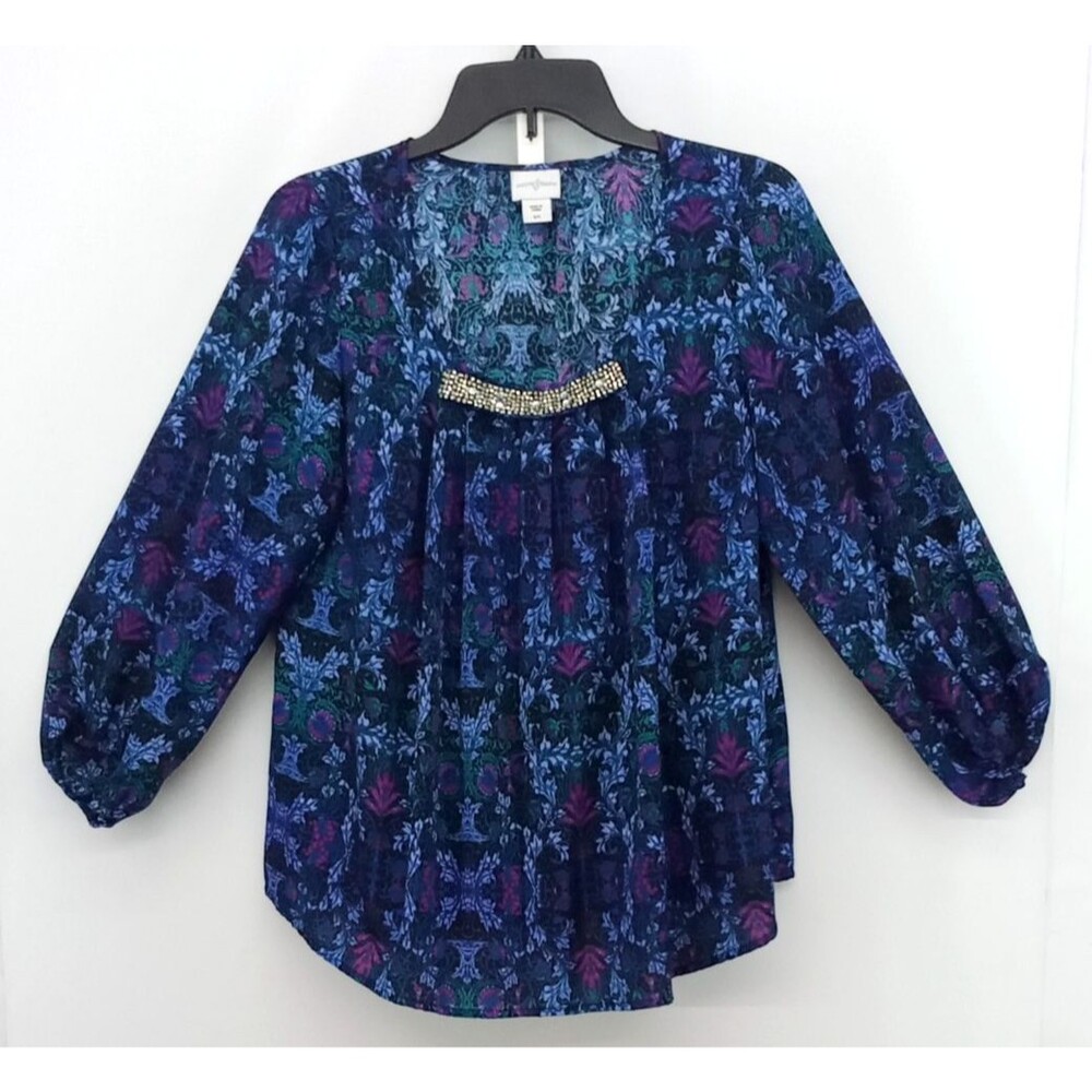 Jaclyn Smith Blouse Womens Small Blue Floral Beaded Balloon Sleeve Square Neck